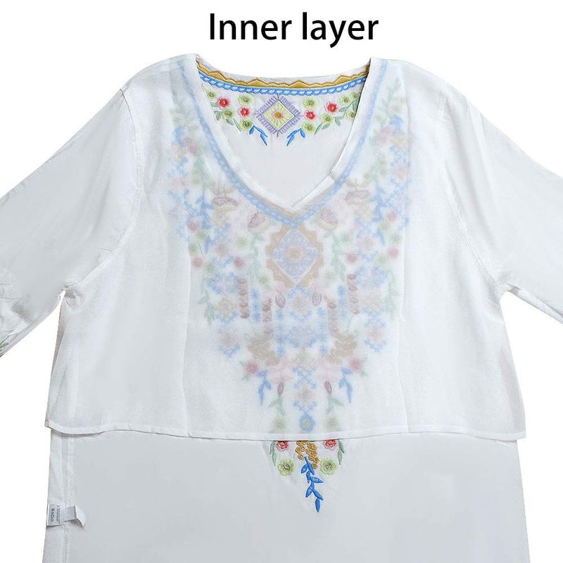 AK Women's Embroidered Tops 3/4 Sleeve Traditional Mexican Shirts for Women V Neck Peasant Tunic Blouses White - Image 3